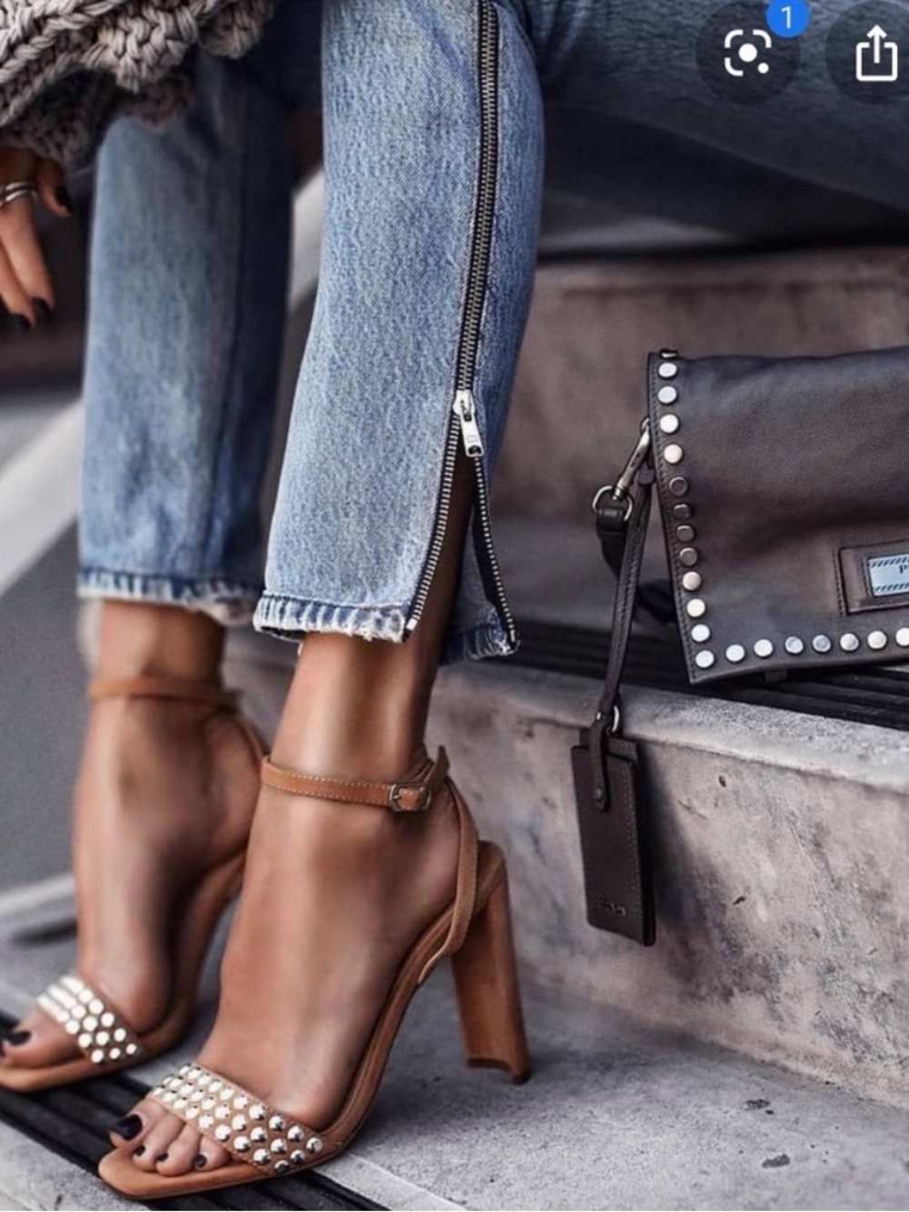 Studded Tan Block-Heel Ankle-Strap Sandals - Women's